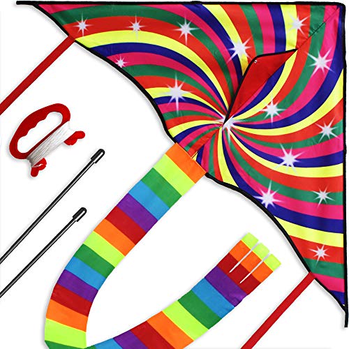 Colorful Kite for Kids and Adults, Great Beginner Kite Toy, Large and Easy Flyer, Summer Fun, Long Kite String and Extra Thick Quality, Outdoor Activities