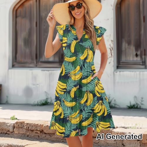 Image of Women's Casual Ruffle Sleeve Dress V Neck Pullover Dress Flowy A-Line Pleated Lightweight Dress with Pockets