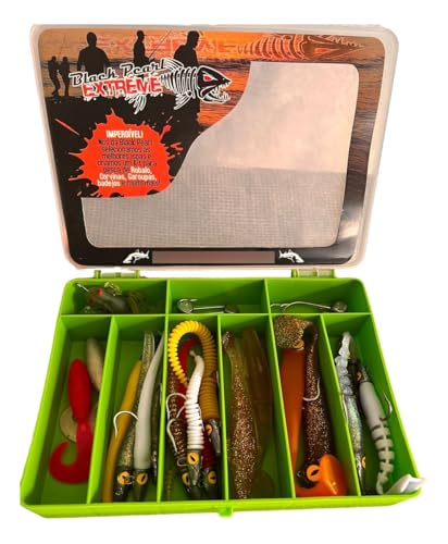 Isca Artificial Para Pesca Kit Tucunaré 22 Iscas+4 Jigs Estojo Kit Pesca Black Pearl Extreme Produto Atóxico Ultra Resistente e Flexível Fabricado No Brasil Atóxico