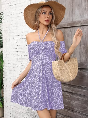 Image of Missufe Women's Puff Short Sleeve Drawstring Ruched Front Fit and Flare Floral Summer Casual Short Dress