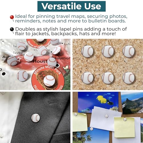Image of Baseball Push Pins, for Cork Board, Maps, or Lapel Pin Use, Designed in The USA, Baseball Pins, Set of 10