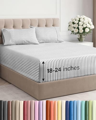 Image of Extra Deep Twin Sheet Set - 4 Piece Breathable & Cooling - Grey Stripes | Hotel Luxury Bed Sheets Set, Easy & Secure Fit, Ultra-Soft, Wrinkle & Fade Free, Comfy Sheets Set with Extra Deep Pockets