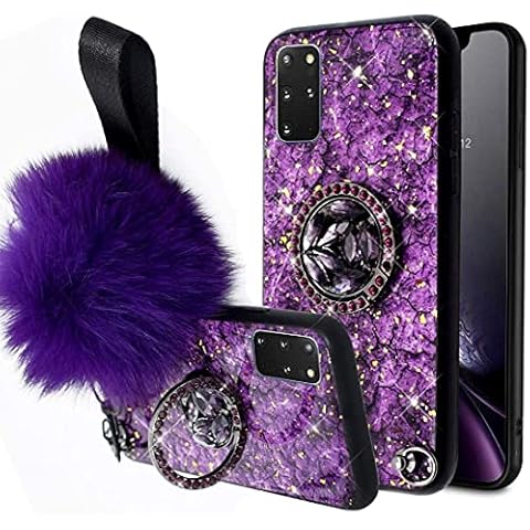 for Samsung Galaxy A33 5G Case for Women with Ring Kickstand,Luxury Glitter Sparkle Hard Marble Back Soft Rugged TPU Bumper with Cute Fluffy Ball Wrist Strap,Bling Diamond Girly Cover for Samsung A33 Cover