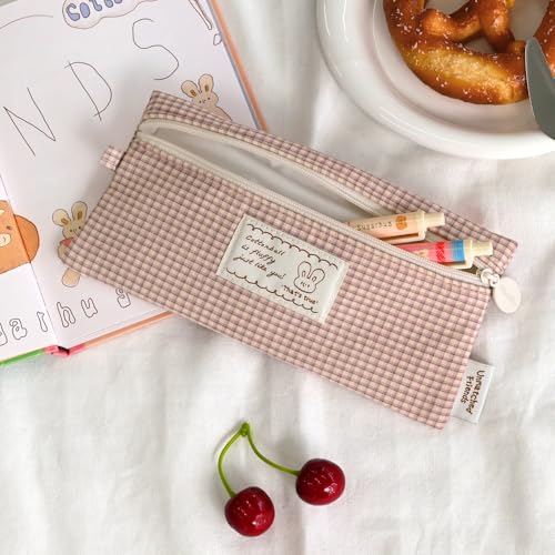 Image of Monolike Unmatched Friends Fabric Check Pencil Case Series. 2, Vintage pink - Pencil Pouch, Portable Pencil Bag, Pencil Case, Office Pouch case, Cushion, Soft, Vintage