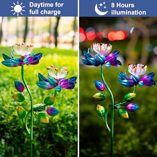 Solar Wind Spinners Blue Twin Flowers for Yard and Garden, Solar Windmill Garden Whirligig Kinetic Spinners Decor for Lawn, Patio, Yard, Metal Wind Outdoor Sculpture - Thumbnail 3