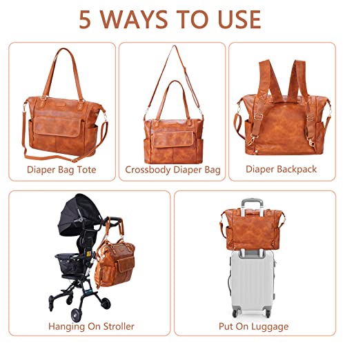 Johomviin Diaper Bag Tote Fashion Leather Diaper Bag Backpack With 13 Pockets For Mom Dad, Large Travel Baby Bag Purse For Boys Girls With 3 Insulated Pockets, Changing Station - Brown #TOP1