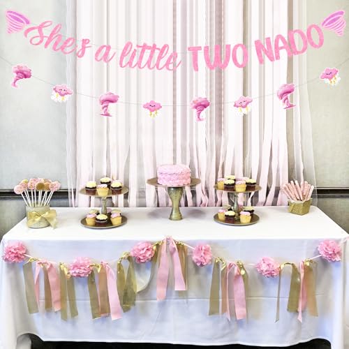 Image of Sursurprise Two Nado Birthday Party Decorations for Girls, She's a Little Two Nado Banner Pink Tornado Sign, Tornado 2 Year Old Birthday Decor Supplies