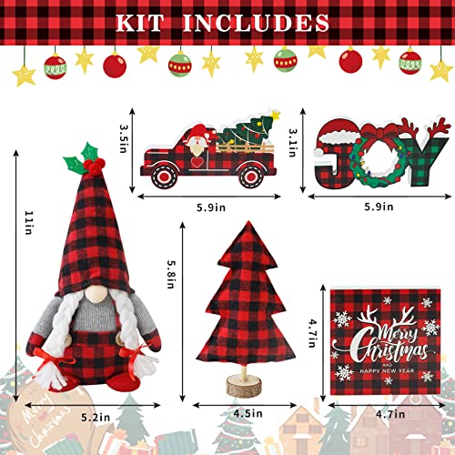 Christmas Decor, 5Pcs Christmas Gnome Tiered Tray Bundle, 3 Merry Christmas Wood Signs,1 Buffalo Plaid Gnomes Plush, Farmhouse Rustic Decor Christmas New Year Holiday Decor #TOP2
