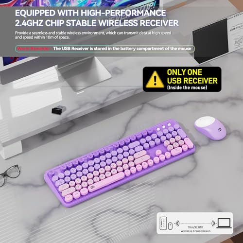 Image of FD Wireless Keyboard and Mouse Combo - 2.4G Full-Sized Cute Colorful Mouse and Keyboard with 104 Round Keys Retro Typewriter Keyboards for Laptop /Windows /PC - Purple Gradient