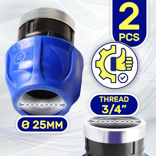 2 Stück Muffe Verschraubung Ø 25 mm x 3/4″ mit Innengewinde Verstärkt mit Verzinktem Stahlring aus Polypropylen PP Fitting für die Verbindung von Polyethylen PE Rohr - MONTERAL