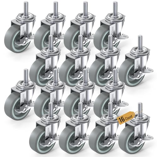 Image of HOLKIE Caster Wheels 3 inch Locking Casters Set of 16, Threaded Stem 3 /8 inch -16 x 1-1 /2 inch (Diameter 3 /8 inch, Length 1-1 /2 inch) Swivel Heavy Duty Castors Gray