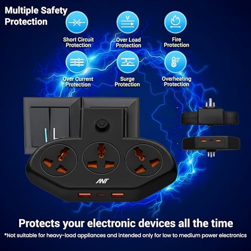 Image of Ant Stinger 321 Extension Board with Surge Protector |3 AC Sockets + 2 USB (2.1A) + 1Fast Type-C |2500W 10A Power Strip |One-Key Switch |Overload & Child Safety Protection |Multi Plug Power Strip