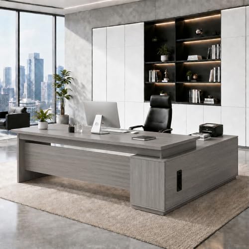 SimpArt Executive Desk with Storage Cabinet, Modern Office Desk with Side Credenza, Large Manager Desk Workstation for Home Office Business, Durable Wood Desk with Cable Management