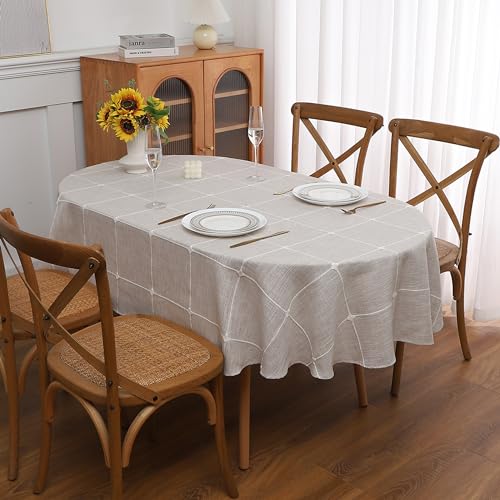 Gernaice Plaid 52x70 Inch Oval Tablecloth, Farmhouse Embroidered Fabric Checkered Table Cloth, Dust Proof Wrinkle Free Washable Table Cover for Party Kitchen Dining Picnic, Brown by Gernaice - Used condition - US$18.60