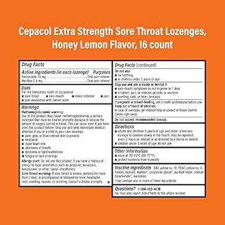 Cepacol Extra Strength Sore Throat Relief Lozenges, Honey Lemon Cough Drops, Maximum Numbing- Fast Acting Sore Throat, Mouth & Canker Sore Pain Relief with Benzocaine & Menthol, 16 Count