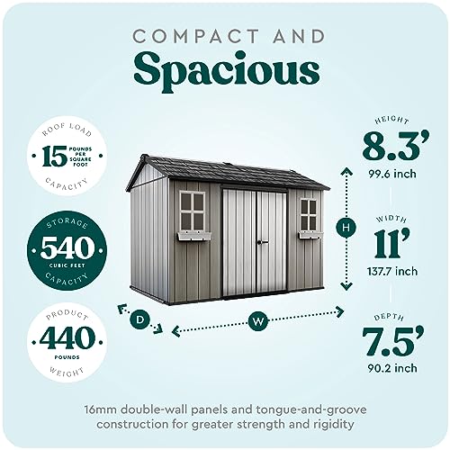 Image of Keter Oakland 11 x 7.5 Ft Spacious Heavy Duty Storage Shed for Organizing Garden Accessories and Outdoor Tools with Double Doors, High Ceiling, Gray