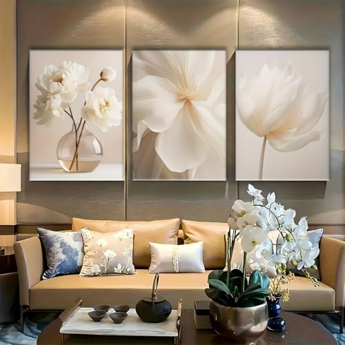 Toile pivoines blanches déco murale beige 70x100 cm triptyque salon