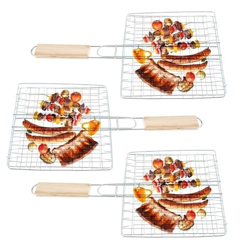 Lot de 3 supports de barbecue avec poignée en bois - Panier de barbecue pour légumes de poisson, steak, côtelettes de crevettes - Grille de barbecue en métal - 23 x 21 cm - Panier à légumes - Spatule
