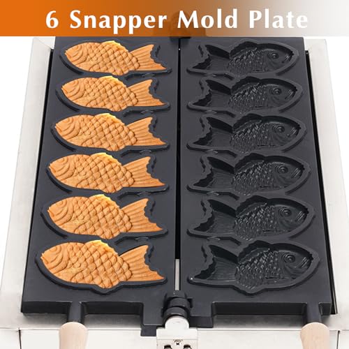 DYRABREST Taiyaki Fish Waffle Maker,Electric Commercial Fish Waffle Maker, 6Pcs Non-stick Stainless Steel Waffle Iron Baker Machine for Restaurant Cafe Snack Shop Food Stall