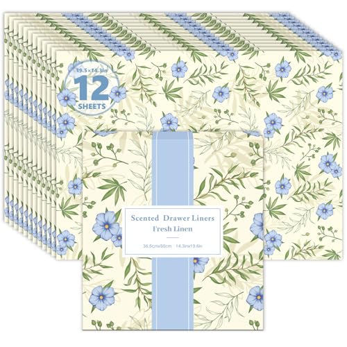 SCENTORINI Scented Drawer Liners for Dresser, 12 Sheets Linen Scent Drawer Paper Liners,14.3x19.5 Inch Scented Paper Sheets for Home Shelf Closet Bedroom Drawers