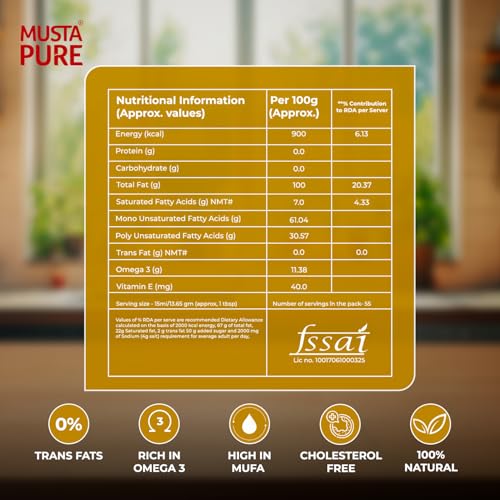 Image of Musta Pure Cold Pressed Yellow Mustard Oil 5 Litre Cooking Oil, Unrefined, Naturally Cholesterol Free, A1 Grade Real Mustard Seeds For Natural Aroma & Flavour For Roasting, Frying, Baking - Tin