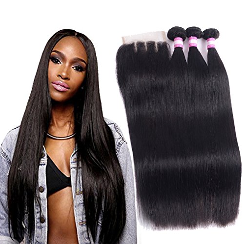 Straight Hair Bundles with Closure 10A Brazilian Remy Human Hair Straight (20 22 24 with 18, Three Part) Unprocessed Brazilian Human Hair Weave Bundles with Lace Closure