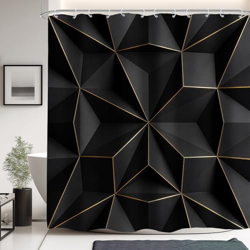 LIGHTINHOME Black Gold Geometric Shower Curtain 72Wx72H Inches Abstract 2D Modern Simple Minimalist Aesthetic Mens Masculine Cool Fabric Waterproof Polyester Bathroom Home Decor Set with Hooks