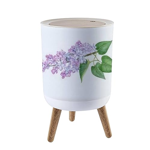 Bote de basura redondo con tapa de prensa rama de acuarela lila dibujado a mano botánico morado lila flores pequeño cubo de basura a prueba de