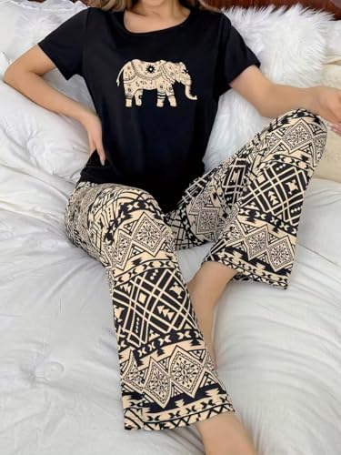 Image of TAGAS Women's Looper Fabric Night Suit Set - Soft Short Sleeve Printed Top with Floral Pajama Pants - Breathable Lightweight 2-Piece Sleepwear & Loungewear Set for Ladies