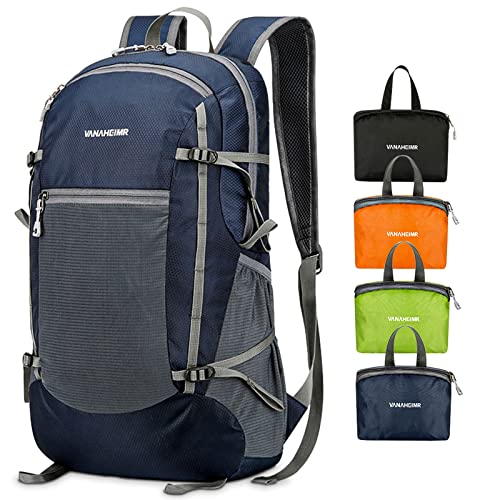 Roucerlin 30L パッカブル 超軽量 旅行 ハイキング バックパック 防水 キャンプ 大型 丈夫 折りたたみ式 ジムバックパック, ディープブルー, 10.6 x 4.7 x 18.8", 折りたたみ式バックパック。