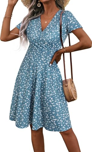 Image of MSBASIC Womens Summer Wrap V Neck Casual Dresses Floral Short Sleeve A-Line Midi Sundress