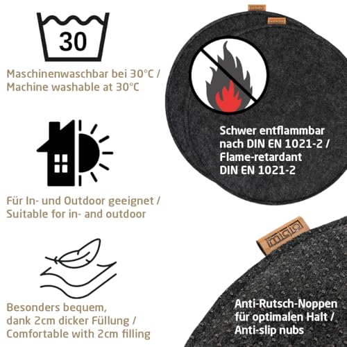 Miqio Design Filz Sitzkissen Rund mit Antirutschnoppen | 35cm | 4er-Set | Indoor und Outdoor | Nachhaltig aus recycelten PET Flaschen | Waschbare Stuhlkissen rutschfest | Dunkelgrau