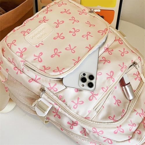 Bow Backpack For Girls, Nylon With Pattern, With Built-in Organizer With Crossbody Bag And Wallet (D)4