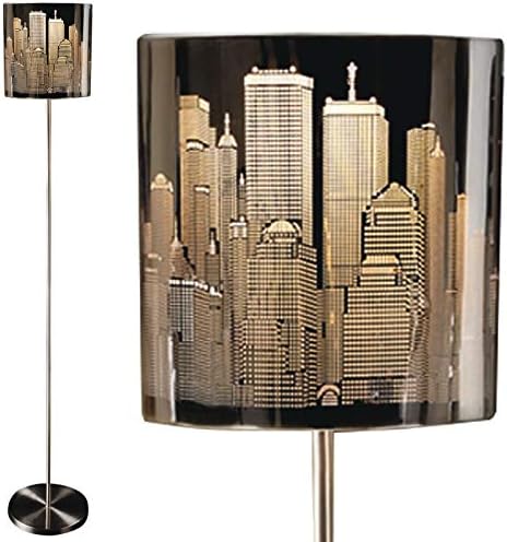 New York Skyline Floor Lamp โ Freestanding Mains Powered Light with Brushed Chrome Base & Big Apple City Skyscraper Design Shade for Home or Office โ H136 x 20cm Diameter