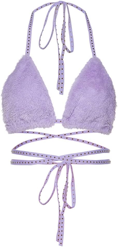 Women's Rave Furry Bra Top Strappy Halter Triangle Bralette Cami Tanks Festival Party Dance Hot Clubwear
