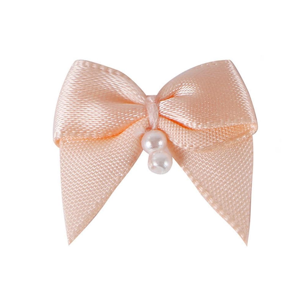 Rockreyoa 50 Pieces 2.5 cm Mini Satin Bows with Beads Mini Bow Applique Small Decorative Bow for DIY Sewing Craft Wedding Gift Scrapbooking Hair Clips Gift Packaging Champagne