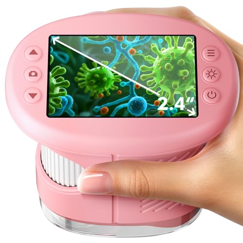 1000X Handheld Microscope for Kids, 4K 2.4' Screen Digital Kids Microscopes with 12 Slides, Portable Edu Toys Gifts for Age 3 4 5 6 7 8 9 10 11 12 Year Old Boys Girls Children Students(Pink)