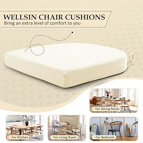 Image of Wellsin Chair Cushions for Dining Chairs 6 Pack - Kitchen Chair Cushions with Ties and Non-Slip Backing - Dining Chair Pads 16 inchX16 inchX2 inch, Beige