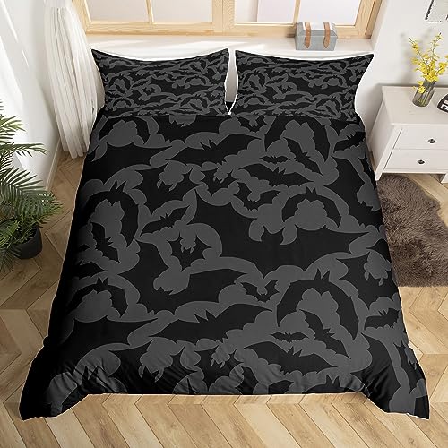 Castle Fairy Halloween Themed Duvet Cover Set Full Size,Black Bats Animal Print Comforter Cover with 2 Pillowcases,Dark Grey Color Breathable Bedspread for Boys Teens,Pillow Sham