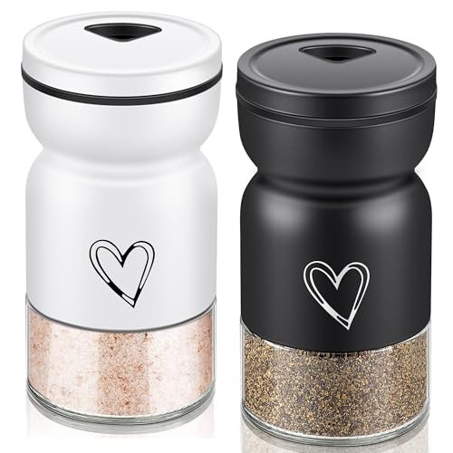 Stainless Steel Salt and Pepper Shakers Set,Cute Salt Shaker Clear Bottom Bottle Container with Adjustable Pour Holes, Refillable Perfect for Kitchen Gadgets Cooking Table, Camp,BBQ (Black+White)