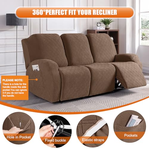 Image of VANSOFY Recliner Cover, 3-Pieces Stretch Reclining Couch Covers with Pockets Reclining Sofa Slipcovers 3 Seater Soft Washable Furniture Protector for Dogs Cats(Light Coffee)