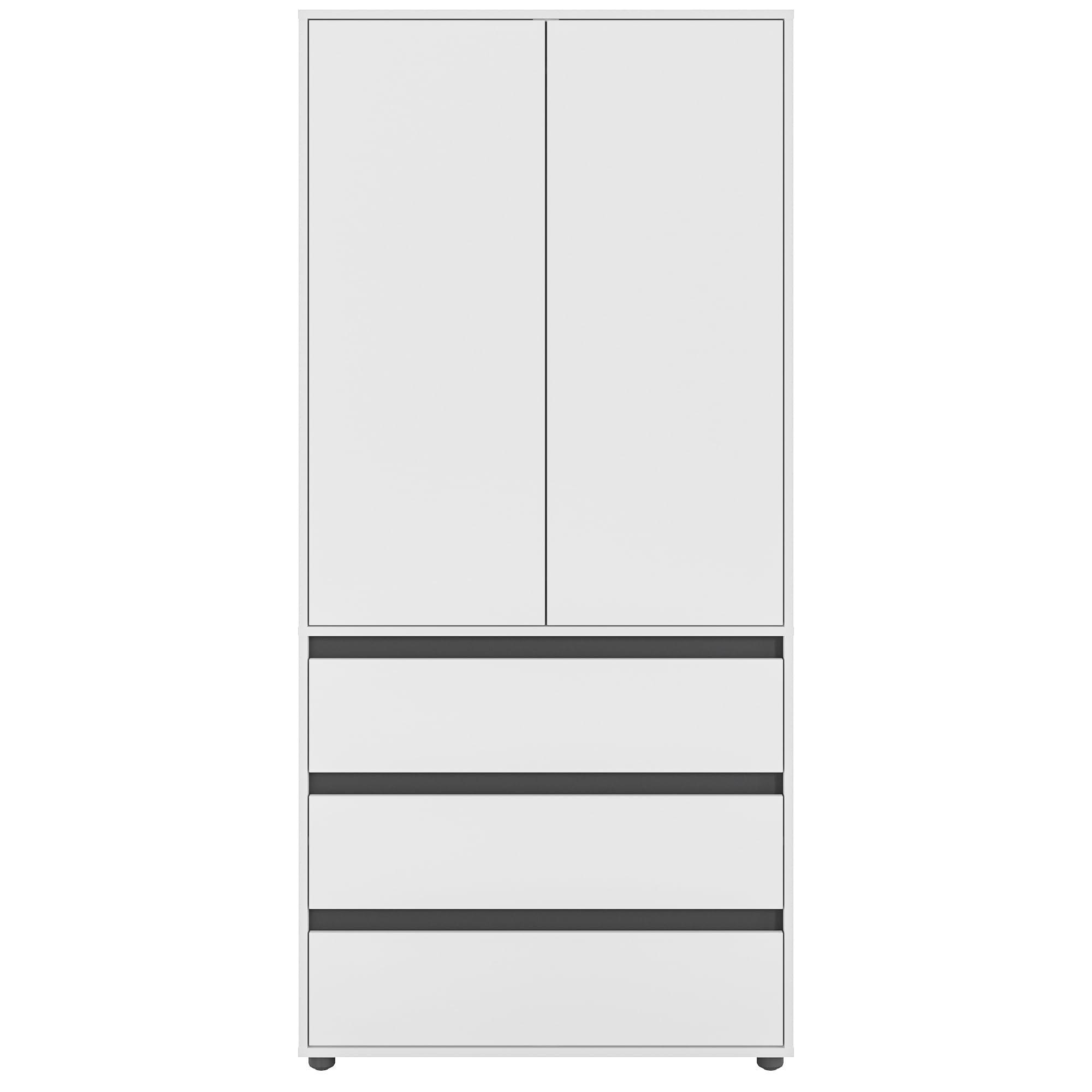 KOMTO Kleiderschrank Klein in Weiß - Schrank Schlafzimmer Kinderzimmer Mehrzweckschrank mit 2-türig & 3 Schubladen Garderobenschrank Flur | Drehtürenschrank Cube 90 x 192 x 53 cm