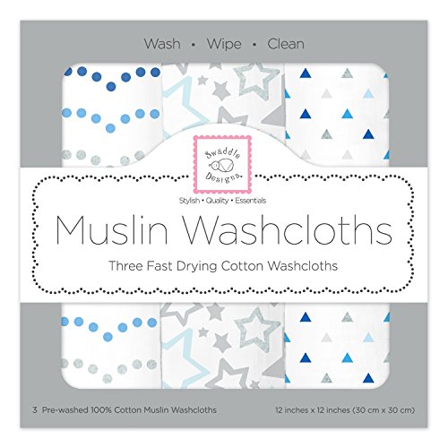 Image of SwaddleDesigns Cotton Muslin Washcloths, Set of 3, Starshine Shimmer, Blue