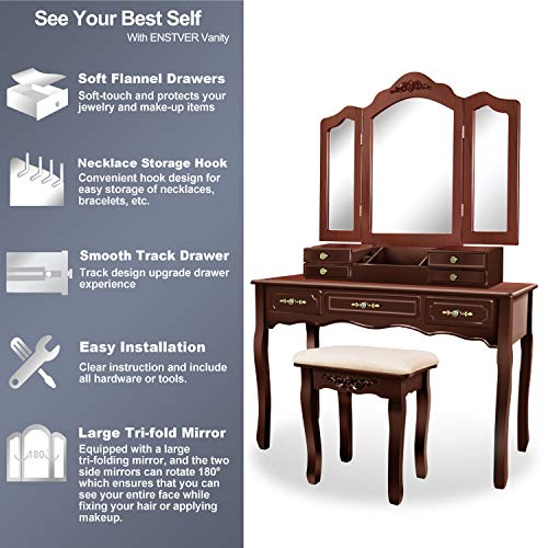 Vanity Beauty Station,Large Tri-Folding Necklace Hooked Mirrors,6 Organization 7 Drawers Makeup Dress Table with Cushioned Stool Set - Espresso