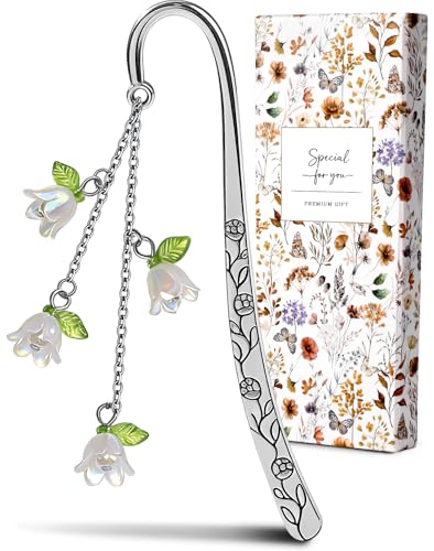 Buleens Bookmarks for Women Reading - Book Marks for Readers Book Lovers Cute Sliver Lily Floral Personalized Metal Bookmark with Pendants Pretty and Aesthetic Book Accessories Reading Gifts