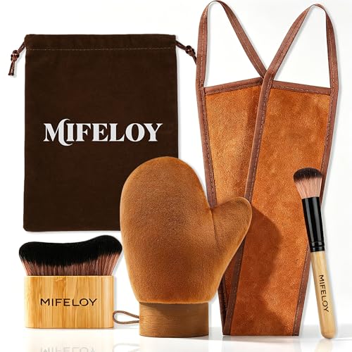 4-in-1 Self Tanning Mitt Kit Self-Tanner Applicator Set with Back Applicator Bamboo Body Brush& Face Brush Streak-Free Tanning No Orange Palms Reusable Washable & Travel Pouch Included