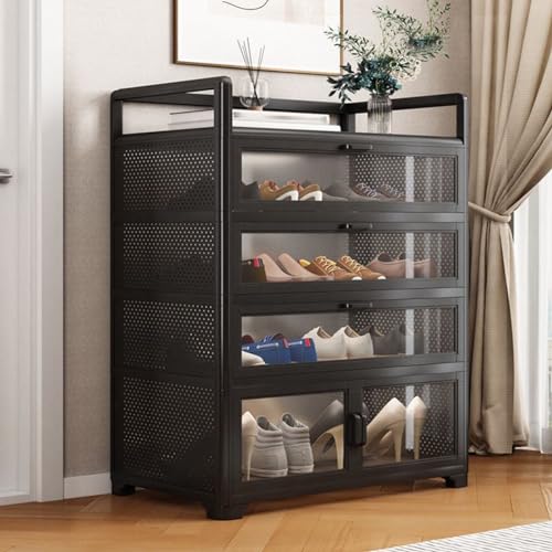 Meuble à chaussures avec porte magnétique et poulie invisible pour un rangement fluide