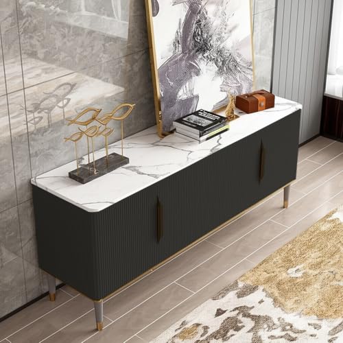Image of Sonic Console Table, White Marble Top, Charcoal Louvers, Gold Accents, 66 x 15 x 22 Inch, Modern Entryway Storage Cabinet, Waterproof Plywood, PVD-Coated Legs, Elegant TV Unit (Black)