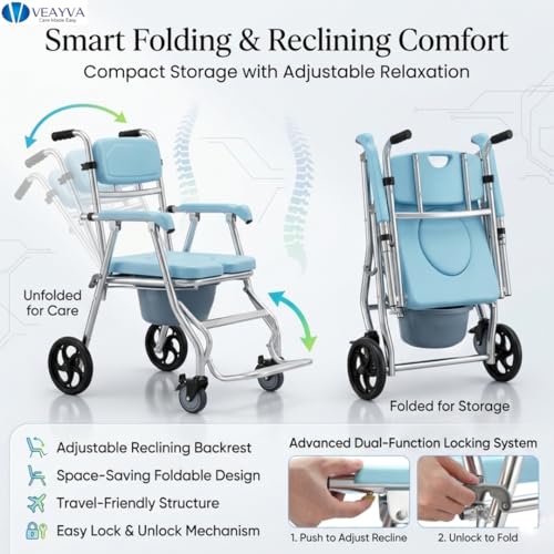 Image of Veayva Shower Commode Wheelchair Folding and Reclining Design for adults, light weight and alluminium frame