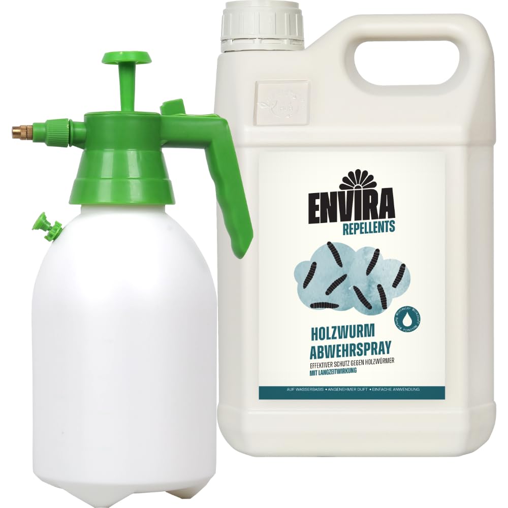 Envira Holzwurm Abwehrspray 5 Liter + 2L Sprüher - Spray mit Langzeitwirkung gegen Holzbock & Holzwurm - Mittel gegen Holzwürmer für innen - Effektives Holzwurmmittel & Holzwurmschutz